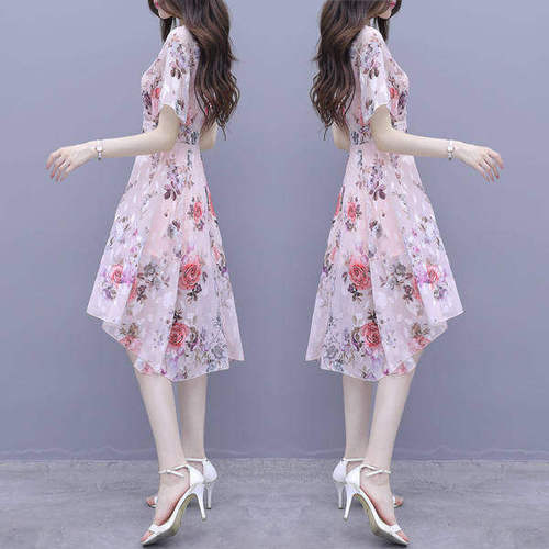 Mother's dress for summer, women's short-sleeved, waist-cinching, age-defying, printed, long-length, large skirt