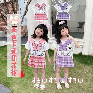 Summer children's baby casual cute fake two-piece T-shirt skirt girl cartoon coolomi college style dress