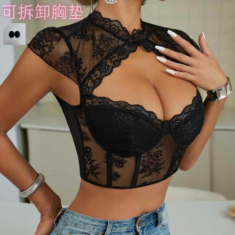 European and American Explosions Diamond Lace Sexy Perspective Steel Ring Fishbone Slim-fit Chest-revealing Short Detachable Chest Pad Top European and American Explosions Diamond Lace Sexy Perspective Steel Ring Fishbone Slim-fit Chest-revealing Short Detachable Chest Pad Top