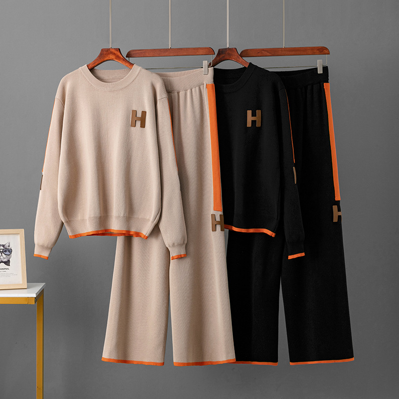 Cross-Border Russian Woolen Fashion Suit for Women, Spring and Autumn Round Neck Top, Knitted Loose Casual Sweatpants Two-Piece Set
