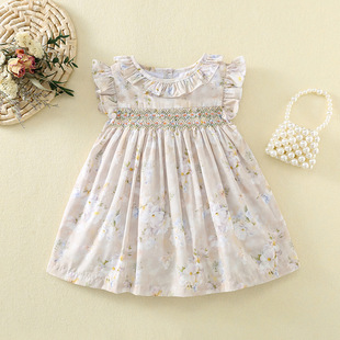 ins���Q�ֹ���Ůͯ�黨�B��ȹsmocking dress ˾�R��ͯȹ�羳