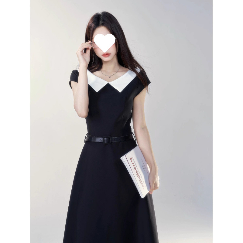 黑色学院风短袖连衣裙女2025新款夏季气质收腰修身显瘦法式长裙子|undefined