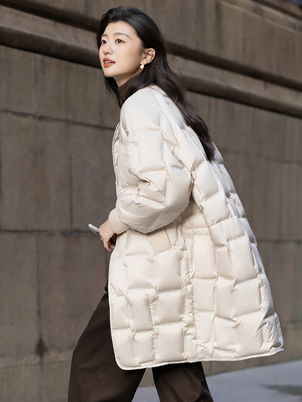 三星90白鸭绒中长款羽绒服女2025冬季高级感压胶保暖安心绒面包服|undefined