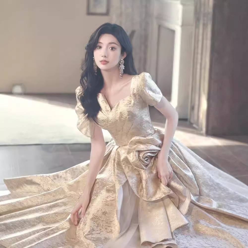 Golden Toast Dress Bride's Engagement Evening Dress High Sense Host Art Examination Graduation Student Day Adult Ceremony Princess Dress