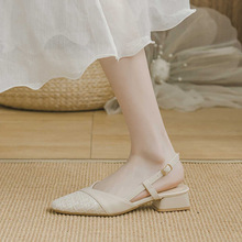 小香風方頭涼鞋女2023年春夏季新款后空包頭高跟鞋仙女風粗跟單鞋