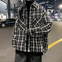男款小香风毛呢外套秋春夏感格子潮牌衬衫翻领痞帅宽松夹克