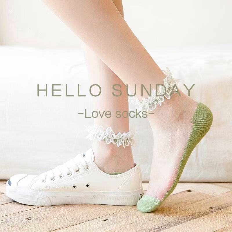 Summer Lace Socks Children's Short Tube Crystal Socks Glass Silk Socks Silk Boat Socks Ultra-thin Breathable Anti-hook Silk Cotton Socks