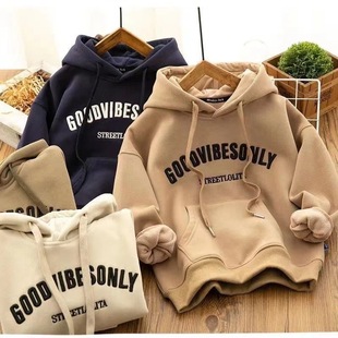 Hong Kong Style Vintage Autumn and Winter fleece-lined Thickened Hooded Sweater Men's and Women's Design Sense Loose All-match Jacket Student Top