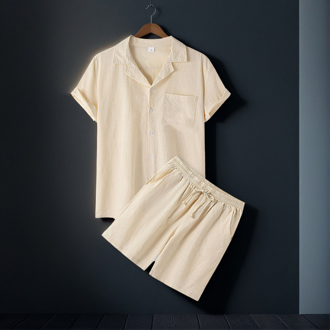 2023 verano transfronterizo algodón y lino de los hombres de color sólido solapa de moda camisa de manga corta pantalones cortos traje de dos piezas preventa