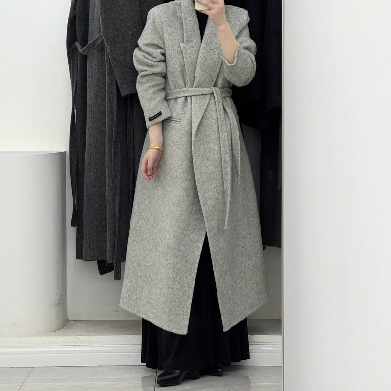 Right Shoulder Suit Collar over the Knee Long Lace-Up Double-Sided Cashmere Outwear for Women 25 Autumn and Winter New High-End Woolen Outwear