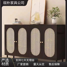 新款复古黑色鞋柜门口家用藤编门黑色鞋柜中古风入户门鞋柜大容量