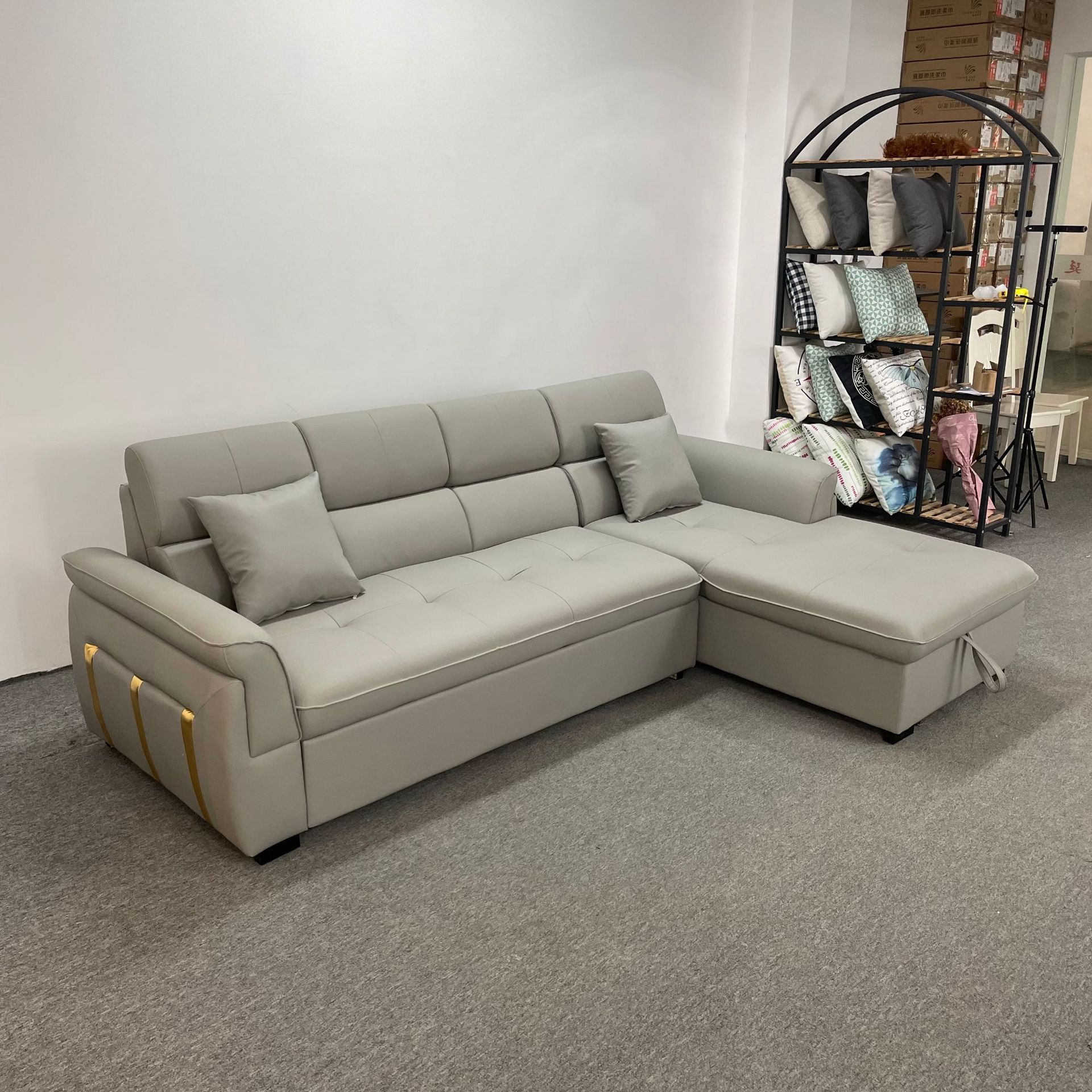 Sofá multifuncional de pequeño hogar con esquina de sala de estar en forma de L, sofá cama de doble uso con arte de cuero y almacenamiento combinado