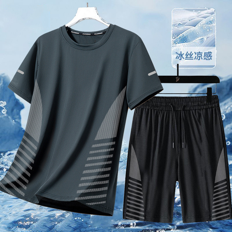 速乾性スポーツスーツメンズ夏薄い弾性ランニングフィットネス速乾性服メンズアイスシルクメッシュ半袖ショーツ|undefined