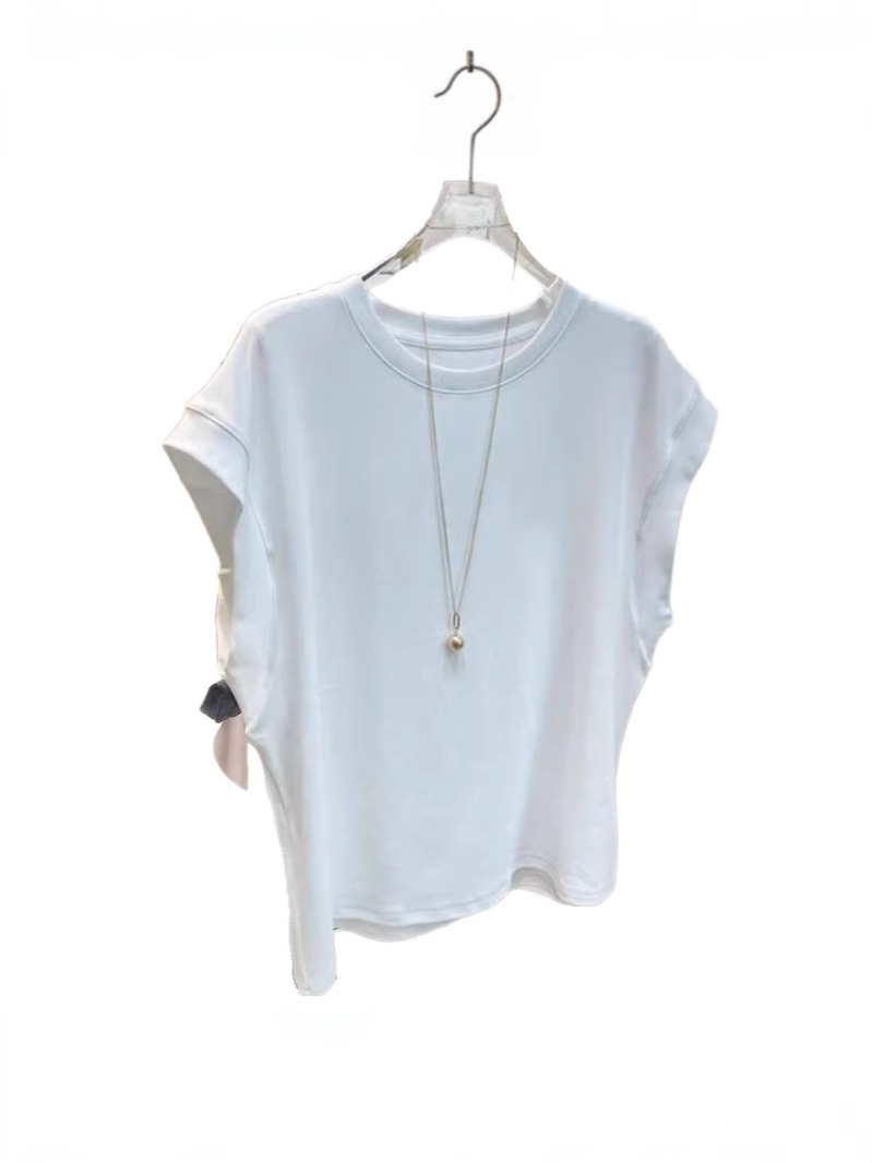 2025 New Style Small Flying Sleeve Right Shoulder Short-Sleeved T-Shirt Women's Fashionable Versatile Slimming Look White Top Thin Summer European Goods