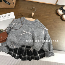 女童毛衣秋冬款内搭新款女孩儿童套头针织衫女童格子百褶裙外贸