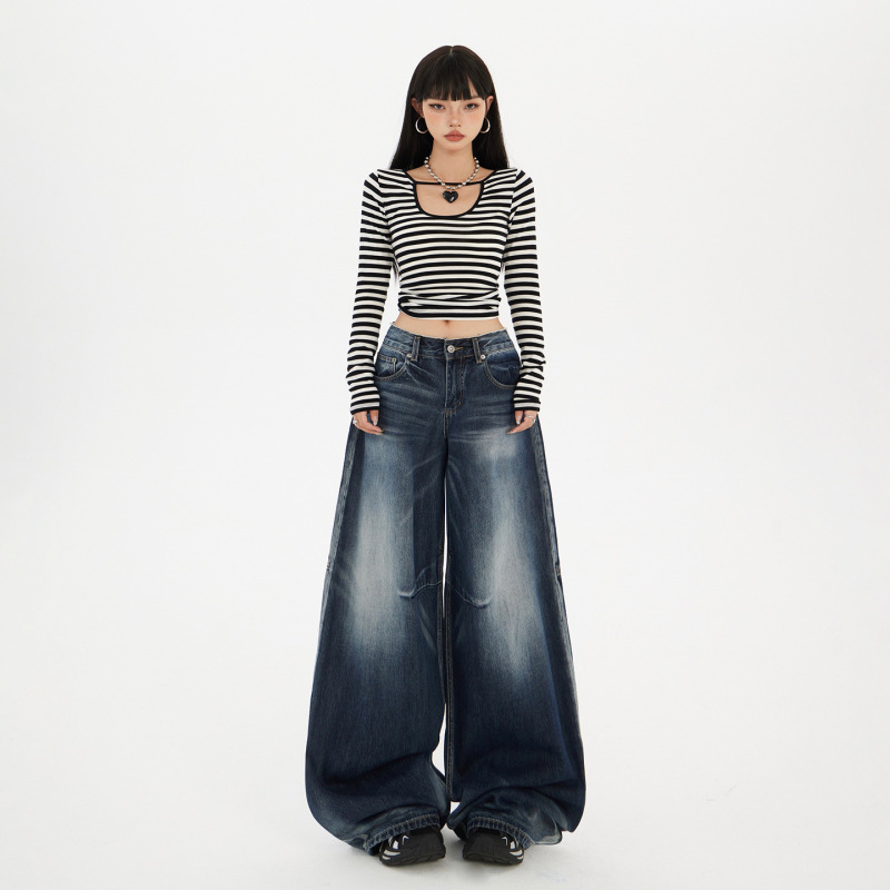 美式蓝灰阔腿牛仔裤女2025年秋冬新款辣妹直筒宽松显瘦百搭拖地裤|undefined