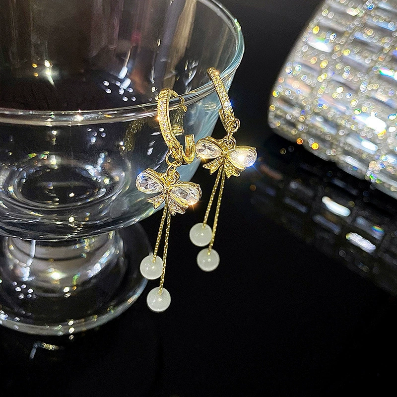 Long silver needle, earrings with tassels with bow, silver 925 sample, cat's eye, internet celebrity