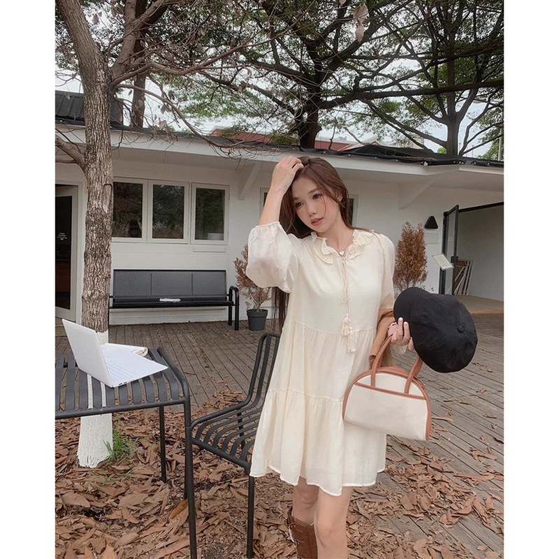 French Apricot Gentle Style Long-Sleeved Dress for Women Autumn Brown Vest Loose Waist Slimming Short Skirt
