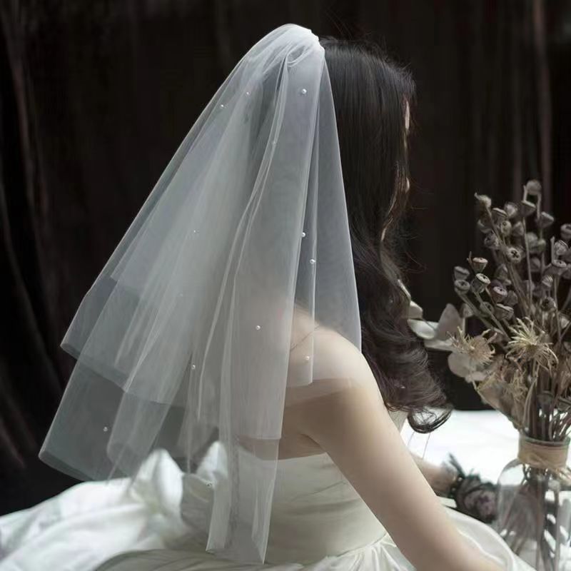 新款头纱韩式珍珠新娘婚纱白色小头纱森系皮结婚领证旅拍公主头纱