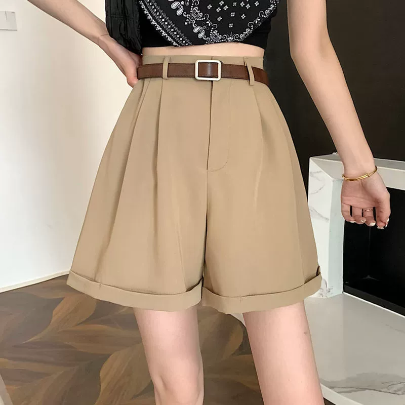 Тонкие шорты-костюм женские свободные 2025 лето новая корейская стильная узкая высокая талия широкие брюки с манжетами повседневные брюки