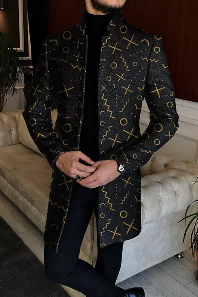 Comercio exterior transfronterizo 2023 Otoño e Invierno nuevos hombres digital impreso a cuadros soporte collar medio de longitud capa casual al por mayor