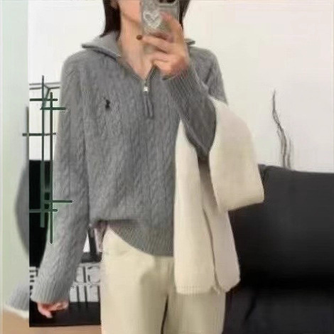 跨境秋冬半拉链麻花刺绣针织外套女2025款韩系慵懒风小马休闲毛衣|undefined
