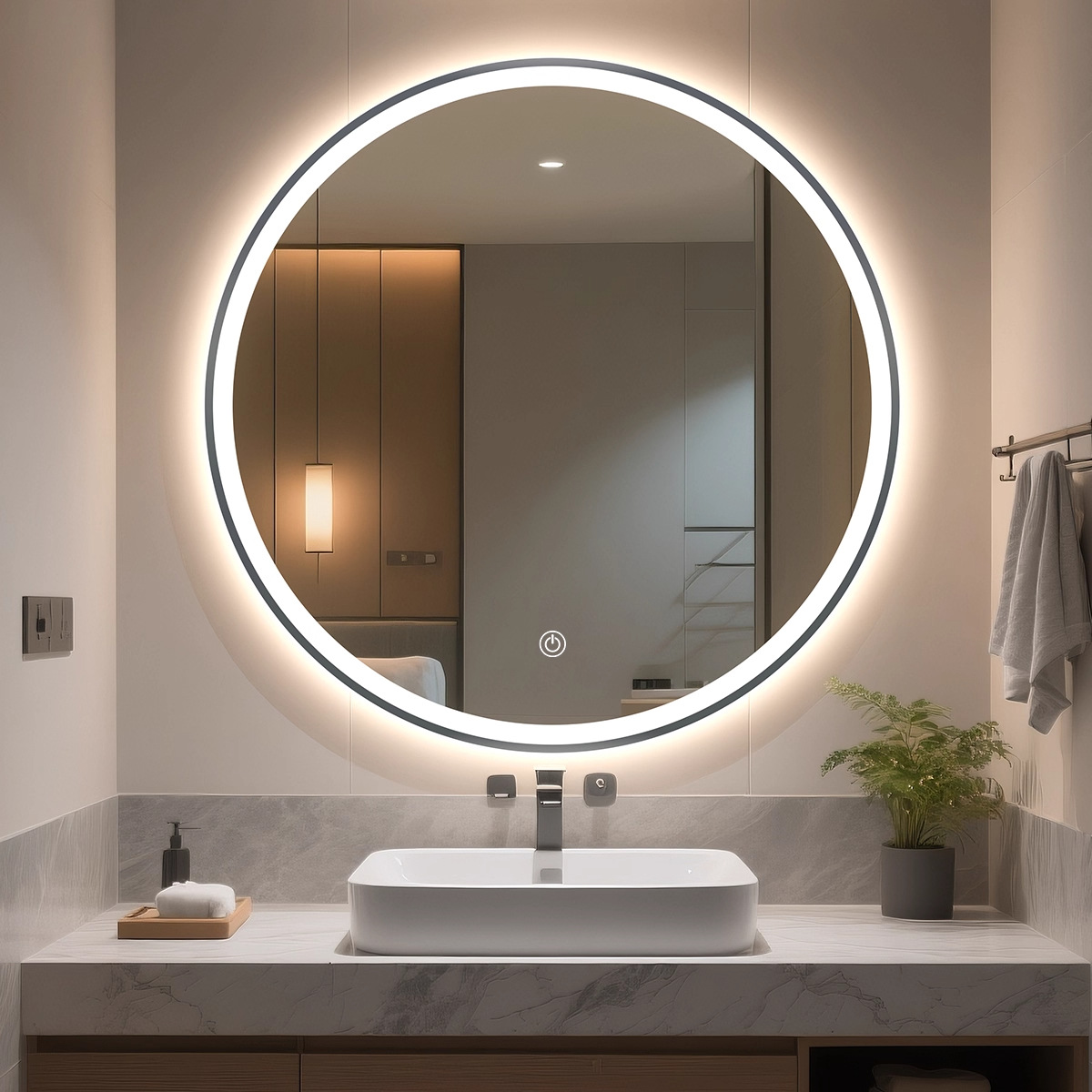 Espejo de baño inteligente Espejo circular Espejo de pantalla táctil Espejo luminoso Espejo de maquillaje montado en la pared Espejo de maquillaje anti-fog