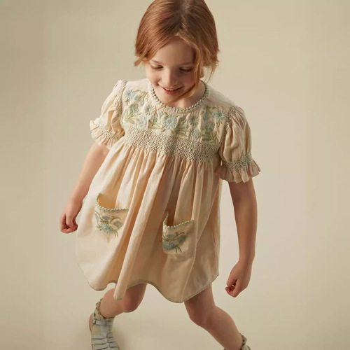 Girls' Summer Dress 2024 AP New Product Pastoral Style Girl Heavy Work Customized Embroidery Frilled Children's Dress Princess Dress