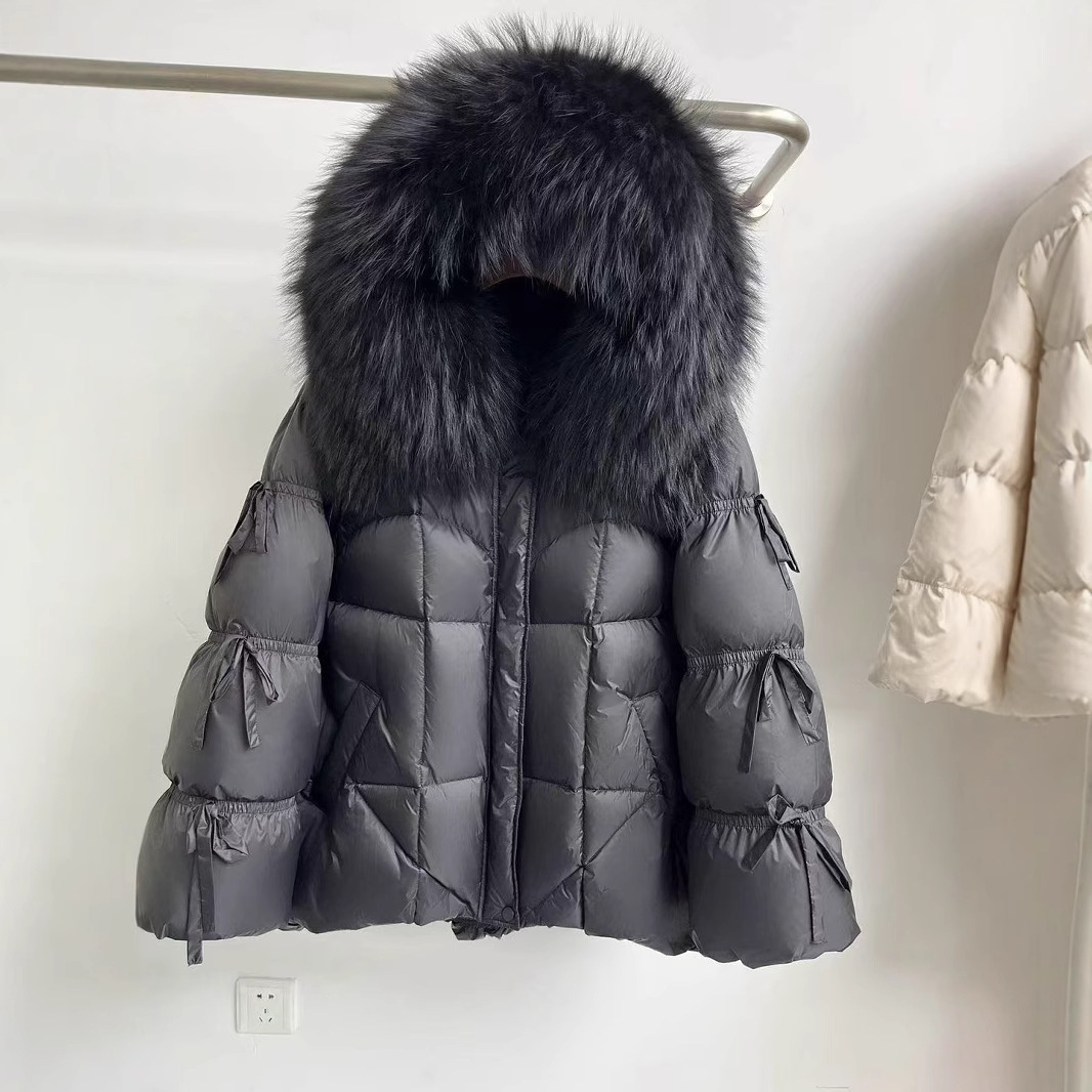 Vêtements pour femmes Hiver Nouveau haut de gamme fourrure grand col à capuche doudoune femme sangle papillon manteau chaud épaissi_voghion.com