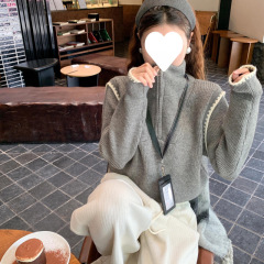 曾小咸灰色半拉链高领毛衣女冬新款拼接针织衫宽松设计感上衣