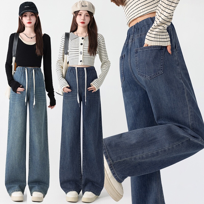Postpartum Wearable Maternity Jeans High Elastic Drawstring Cotton Denim Loose Casual Straight Pants Wide Leg Pants Long Pants