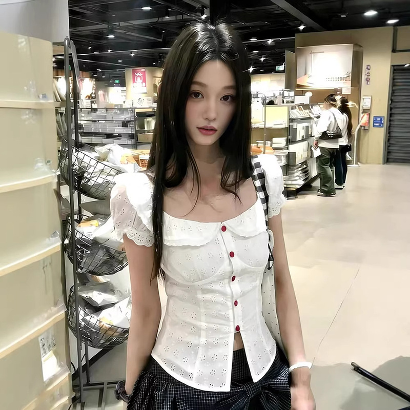 Korean-Style Sweet Lace Collar Puff Sleeve White Square-Neck Short-Sleeve Shirt for Women, Summer Single-Breasted Waist-Cinching Slimming Top Korean-Style Sweet Lace Collar Puff Sleeve White Square-Neck Short-Sleeve Shirt for Women, Summer Single-Breasted Waist-Cinching Slimming Top