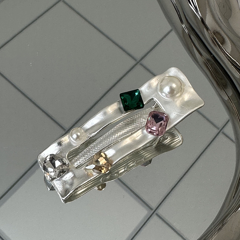 Kleurrijke edelsteen retro elegante zilveren legering Parel Strass eendenbek clip haarspeld meisje Hart zij pony clip_voghion.com