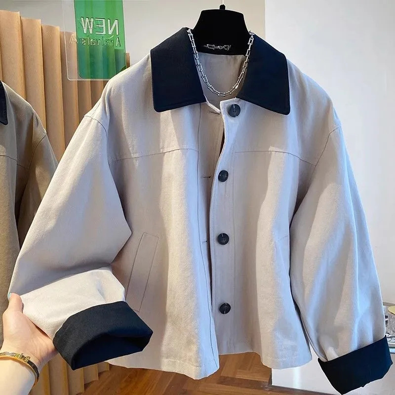 Korean Style Contrasting Color Lapel Windbreaker Jacket for Women Spring and Autumn New Loose Versatile Work Jacket Top