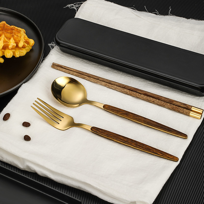Portable Tableware Wooden Chopsticks Spoon Fork One-person Student Office worker Stainless Steel Chicken Wing Wood Storage Three-piece Suit