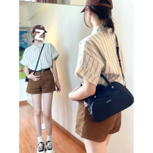 夏季复古法式条纹衬衫女外穿短袖上衣女洋气夏天薄款百搭宽松衬衣