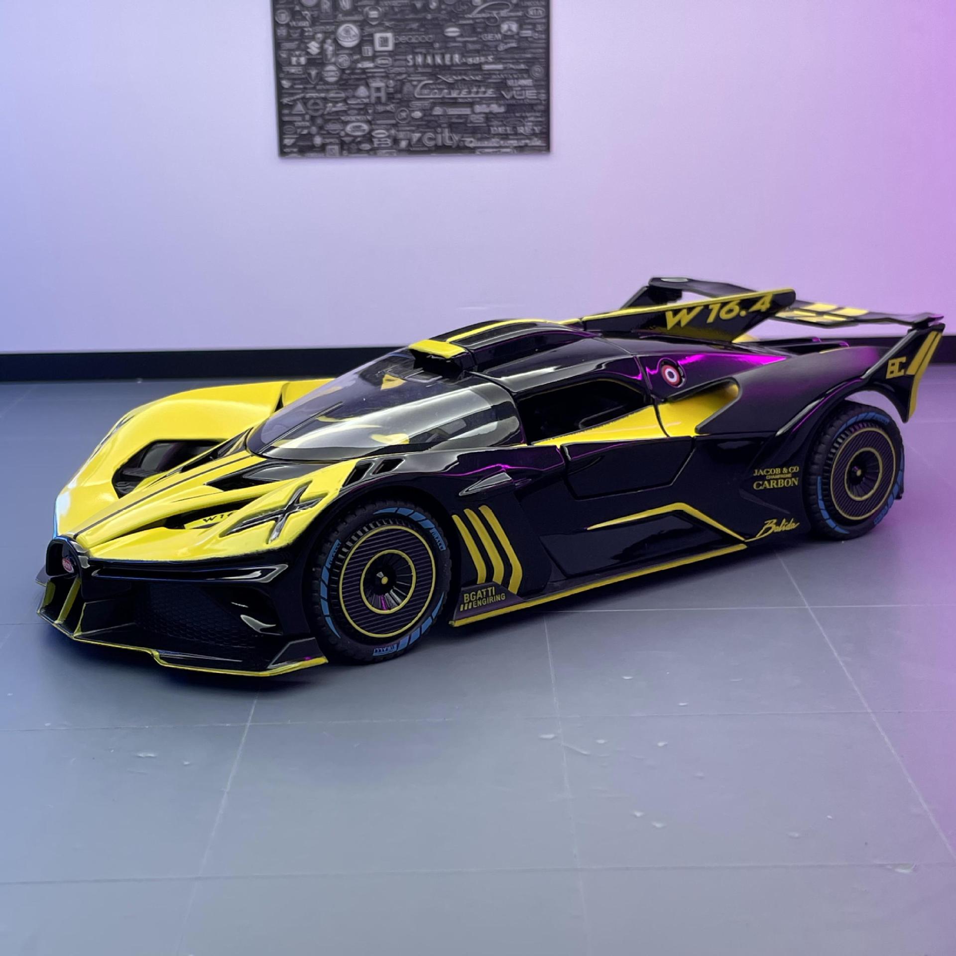 Aleación de coche 1:24 bujiadie función de coche deportivo modelo de coche de pulverización tire hacia atrás coche de juguete luz modelo de música adornos