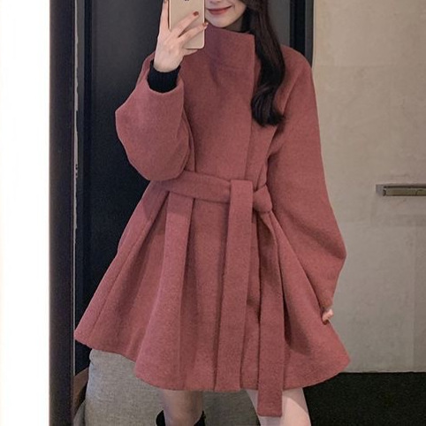 25小个子斗篷毛呢外套女秋冬短款显瘦日系气质玫红色呢子大衣代发