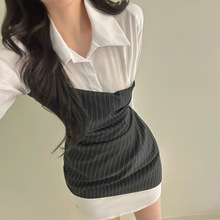 韩国chic春季法式设计感翻领修身显瘦拼接不规则条纹长袖连衣裙女