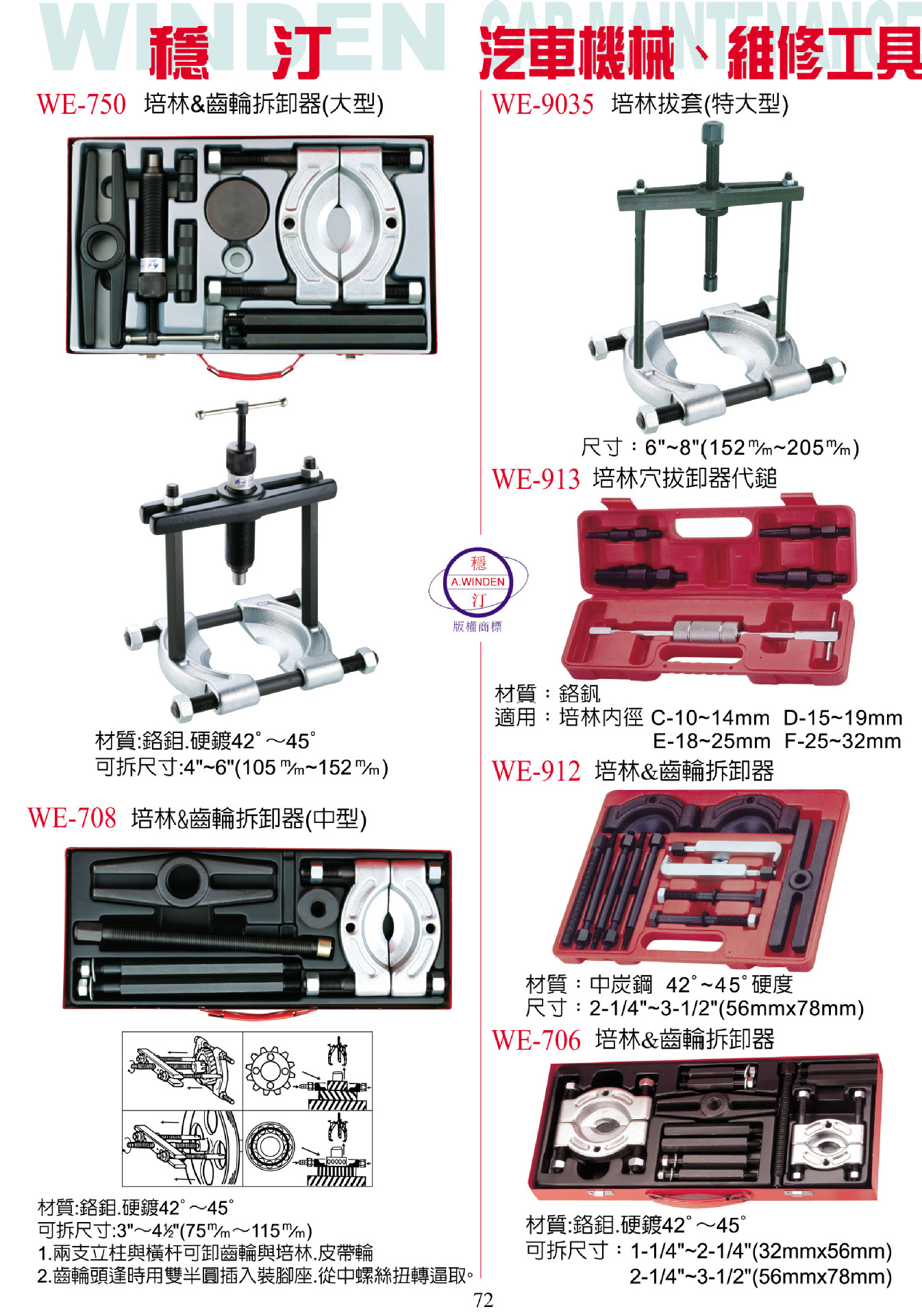 台湾稳汀手动工具 汽保维修检测工具 WE-706 培林齿轮拆卸器