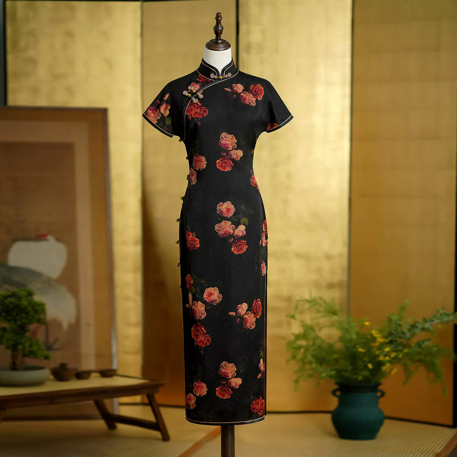 2024厂家热销爆款重磅真丝复古旗袍粉色牡丹日常香云纱旗袍裙礼服