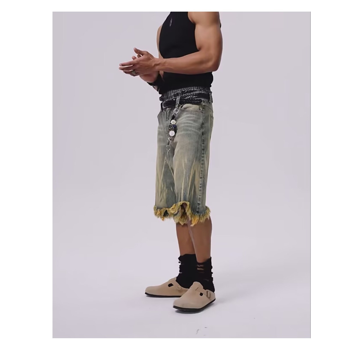 Men's And Women's Trendy Brand Dyed Yellow Mud Washed Distressed Denim Shorts Loose Five Point Style_mkmklike.com