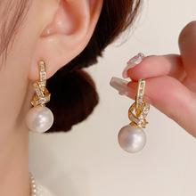 韩式个性轻奢微镶锆石打结珍珠耳坠s925银针精致时尚超闪耳环批发