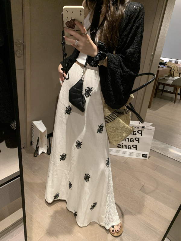 フランスの高級ヘビーウェイト刺繍レースステッチプリントハイウエストフィッシュテールスカートレディースサマーハーフレングススカート|undefined