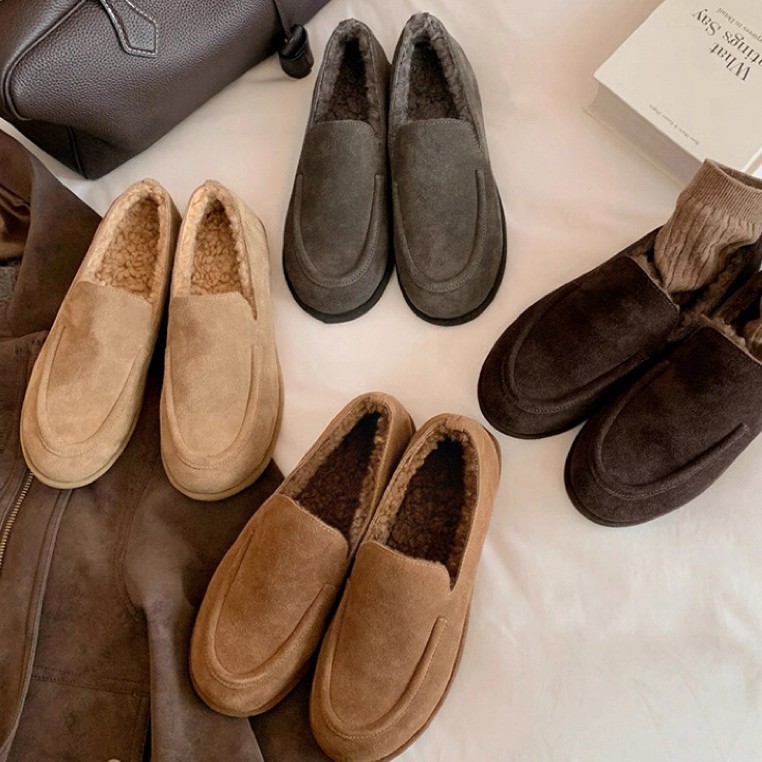 羊毛版葡萄ma同款圆头懒人毛毛鞋女加绒老钱风乐福鞋加绒保暖棉鞋