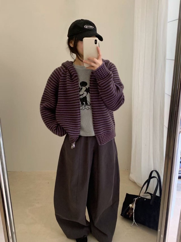 春秋冬季韩版拉链条纹连帽卫衣女宽松百搭针织衫慵懒复古毛衣外套|undefined