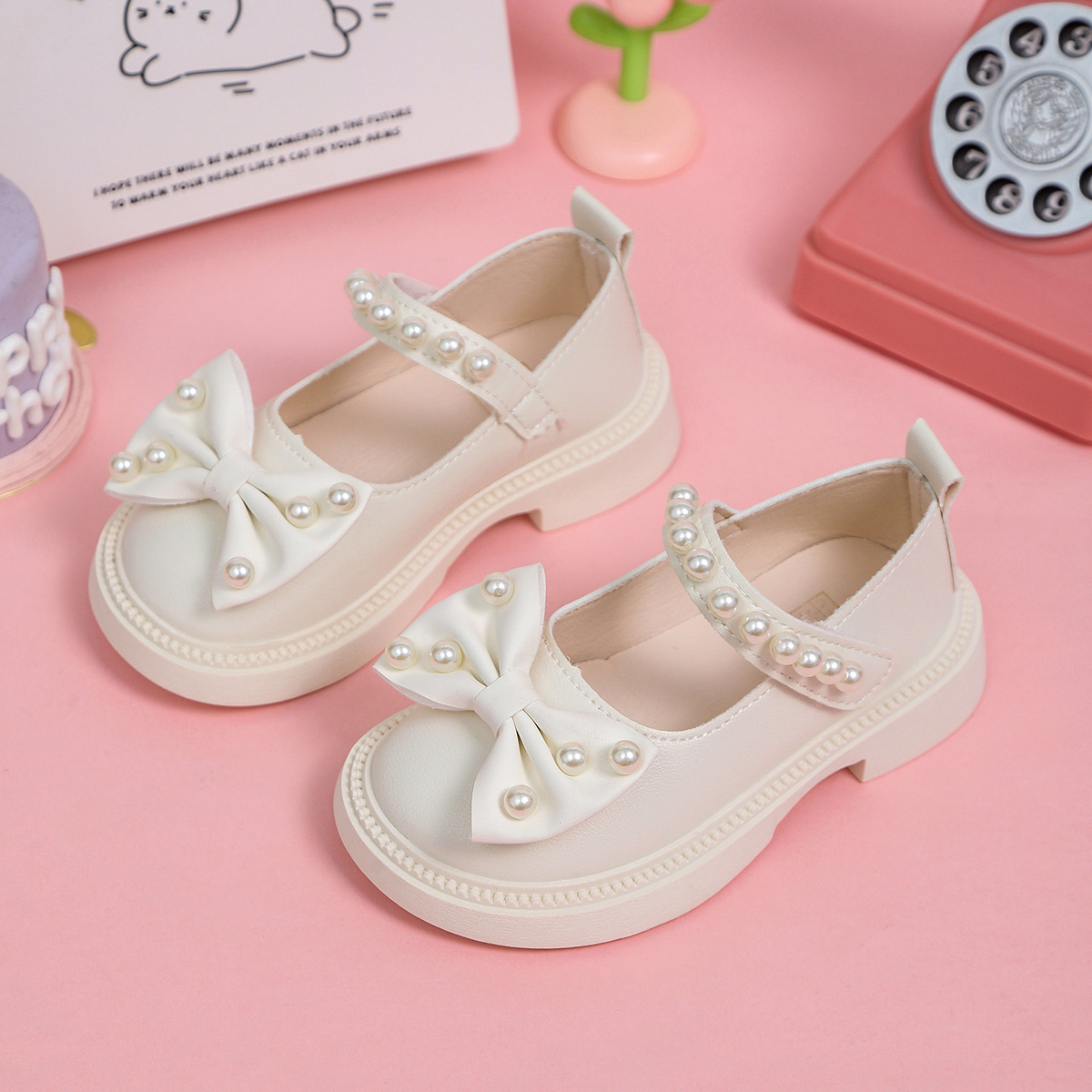 2025 Spring and Autumn New Girls Princess Shoes Korean Style Bow Princess Shoes Soft Sole Anti-Slip Leather Shoes