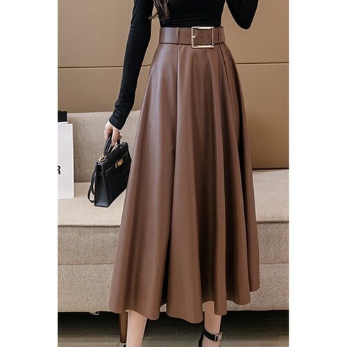 Coffee color leather skirt, new high-waisted pleated skirt, women's spring and autumn mid-long hip long dress