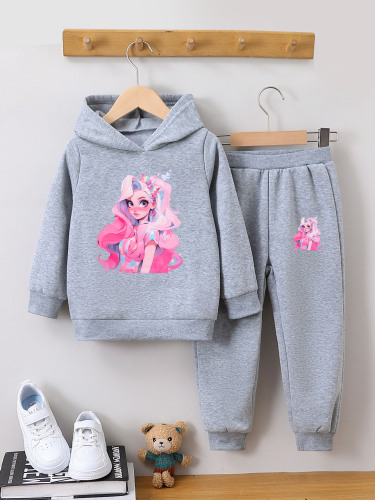 Women's Fall/Winter Fashion Hoodie Set for Kids - 2-Piece Cartoon Style for Girls with Long Sleeves