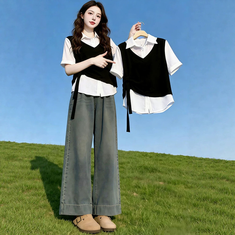 Korean Style Fake Two-Piece Short-Sleeved Shirt for Women Summer 2026 New Large Size Plus-Size Niche Design Top A11787 Korean Style Fake Two-Piece Short-Sleeved Shirt for Women Summer 2026 New Large Size Plus-Size Niche Design Top A11787